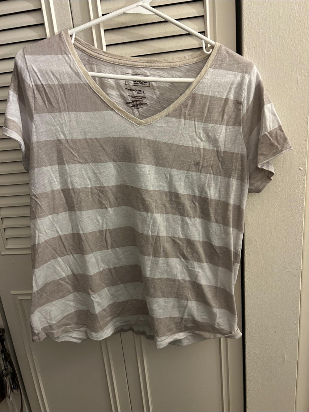 Sonoma Beige and White Striped V-Neck Tee